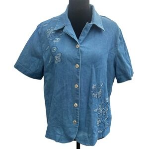 Alfred Dunner Petite 16P Denim Shirt Blue Floral Embroidered Vintage Button Down